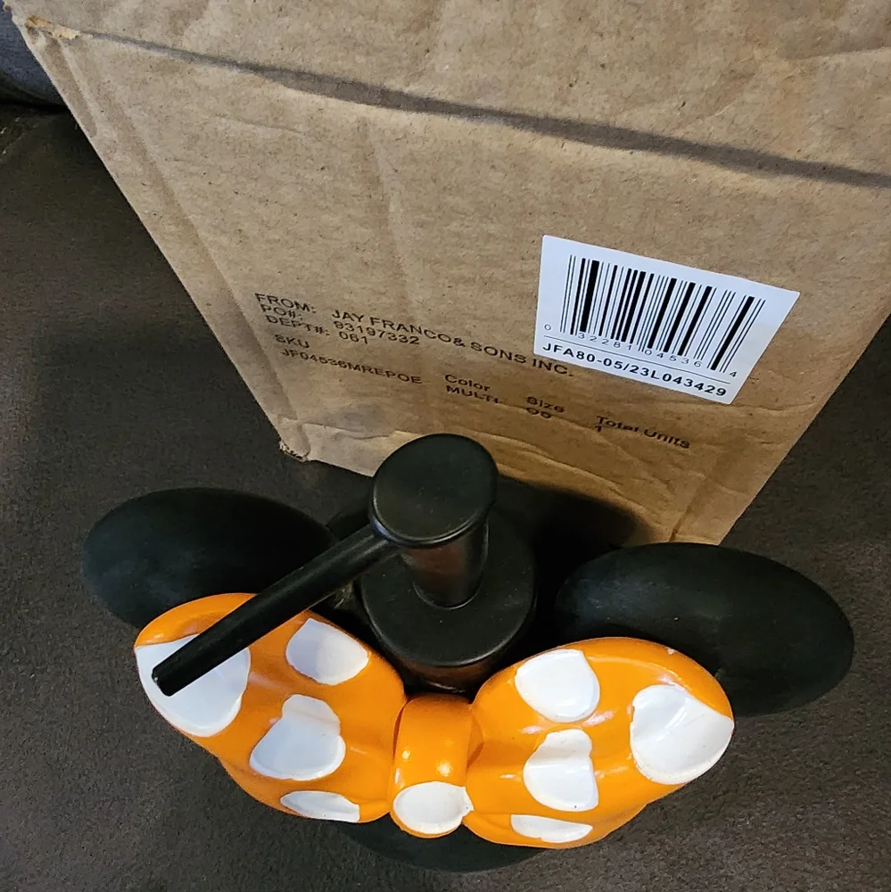 NWT Disney Minnie Mouse Black Soap Dispenser 6in Orange White Polka Dot Bow Pump